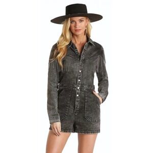 Rock & Roll Denim Romper Womens Small Acid Wash Beaded Fringe Western Cowgirl